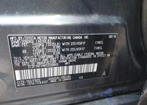 2019 Toyota Rav4 Le z USA, uszkodzony, nr VIN 2T3F1RFV4KC039849